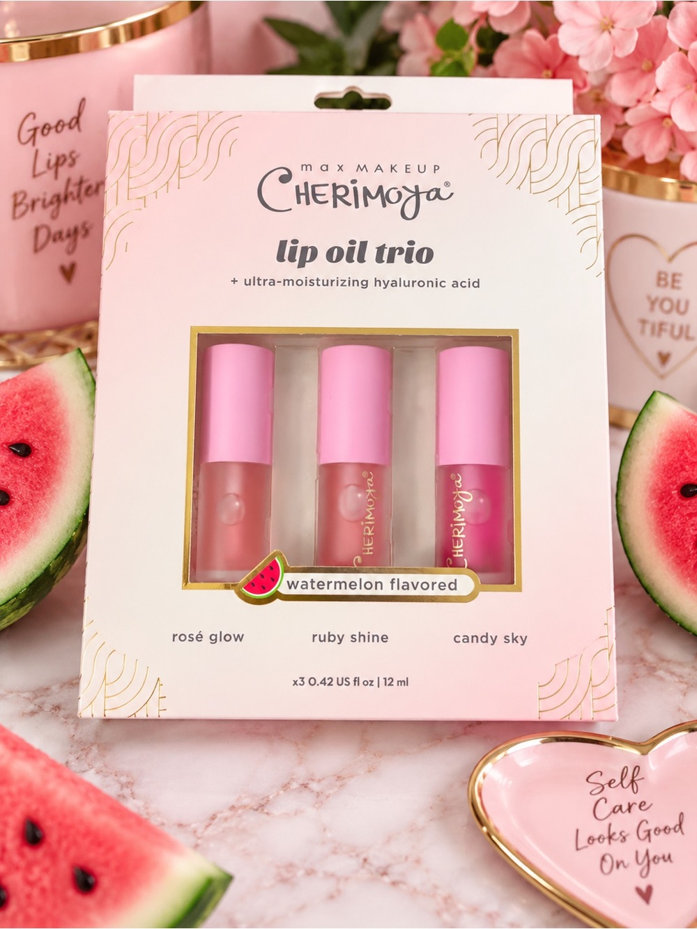 Cherimoya Lip Oil Trio Watermelon Flavored Hyaluronic Acid NEW
